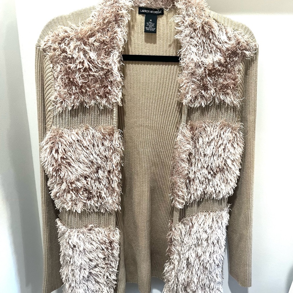 Lauren Michelle Women's Tan Cardigan with Fluffy Accents Size Medium